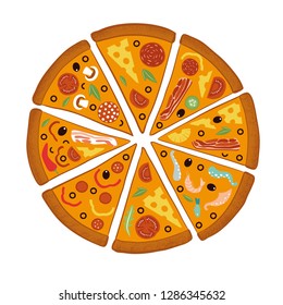 Round big mix pizza, slices triangle, italian restaurant menu, snack food ingredients for pizza