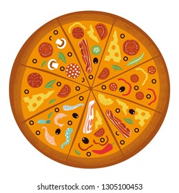 Round big mix pizza, slices triangle, italian restaurant menu, snack food ingredients for pizza. Pizza with all the flavors. Each piece has its own taste