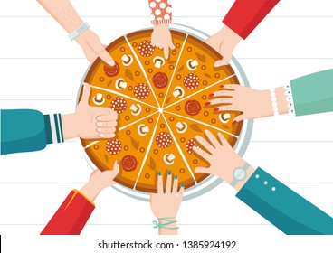 Round Big Pizza, Slices Triangle, Italian Restaurant Menu, Snack Food Ingredients For Pizza. Each Piece Has Its Own Taste. Family Party. Dinner With Friends. Everyone Takes A Piece