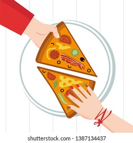 Round big pizza, slices triangle, italian restaurant menu, snack food ingredients for pizza. Family party. Dinner with friends. Everyone takes a piece. Date of a loving couple. Each piece has its own