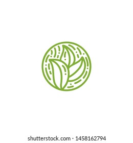 Round bio emblem in a circle linear style. Tropical plant green leaves logo. Vector abstract badge for design of natural products, flower shop, cosmetics, ecology concepts, health, spa, yoga Center