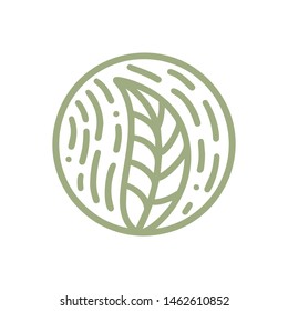 Round bio emblem in a circle linear style. Tropical plant green leaves logo. Vector abstract badge for design of natural products, flower shop, cosmetics, ecology concepts, health, spa, yoga Center