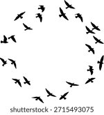 Round Bird Flock Silhouette Frame on White