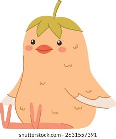 A round bird with a leaf-like hat sits contentedly in a cartoon style. The plump bird features a whimsical expression and small wings. Cartoon vector illustration.