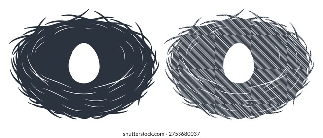 Round bird nest with single egg. Solid, hatched style. Symbol for home, life.