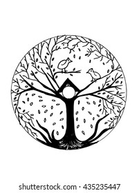 Round bird on tree. Hand drawing illustration black and white