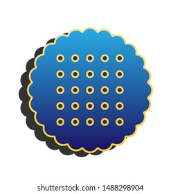 Round biscuit sign. Blue icon with gold contour with dark gray shadow at white background. Illustration.
