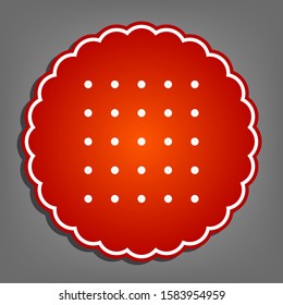 Round biscuit sign. Flat red icon with linear white icon with gray shadow at grayish background. Illustration.