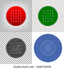 Round biscuit sign. Vector. 4 styles. Red gradient in radial lighted background, green flat and gray scribble icons on transparent and linear one in blue circle.