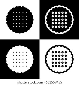 Round biscuit sign. Vector. Black and white icons and line icon on chess board.