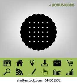Round biscuit sign. Vector. Black icon at gray background with bonus icons