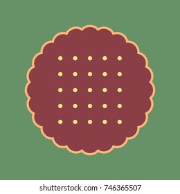 Round biscuit sign. Vector. Cordovan icon and mellow apricot halo with light khaki filled space at russian green background.