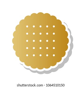 Round biscuit sign. Vector. Golden gradient icon with white contour and rotated gray shadow at white background.