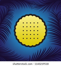 Round biscuit sign. Vector. Golden icon with black contour at blue background with branches of palm trees.