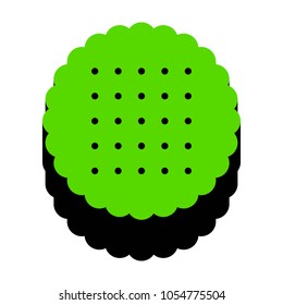 Round biscuit sign. Vector. Green 3d icon with black side on white background. Isolated.