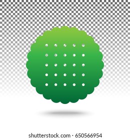 Round biscuit sign. Vector. Green gradient icon with shadow at bottom on transparent and white background.