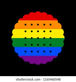 Round biscuit sign. Vector. Icon with colors of LGBT flag at black background.