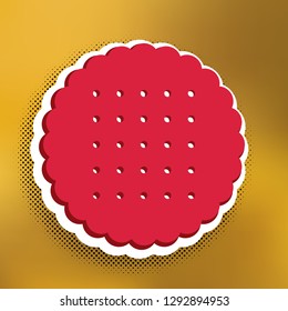 Round biscuit sign. Vector. Magenta icon with darker shadow, white sticker and black popart shadow on golden background.
