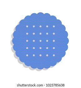 Round biscuit sign. Vector. Neon blue icon with cyclamen polka dots pattern with light gray shadow on white background. Isolated.