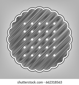 Round biscuit sign. Vector. Pencil sketch imitation. Dark gray scribble icon with dark gray outer contour at gray background.