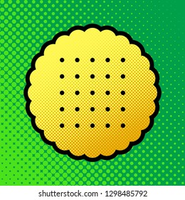 Round biscuit sign. Vector. Pop art orange to yellow dots-gradient icon with black contour at greenish background.