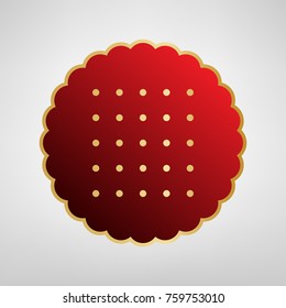 Round biscuit sign. Vector. Red icon on gold sticker at light gray background.