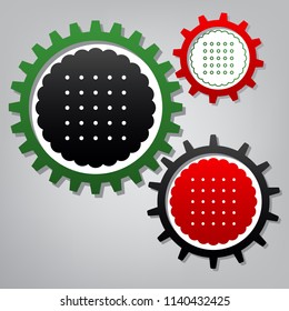 Round biscuit sign. Vector. Three connected gears with icons at grayish background.