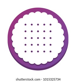 Round biscuit sign. Vector. White icon with flat shadow on purpureus circle at white background. Isolated.