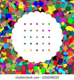 Round biscuit sign. Vector. White icon on colorful background with seamless pattern from squares.