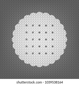 Round biscuit sign. Vector. White knitted icon on gray knitted background. Isolated.