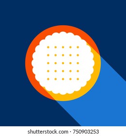 Round biscuit sign. Vector. White icon on tangelo circle with infinite shadow of light at cool black background. Selective yellow and bright navy blue are produced.