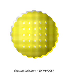 Round biscuit sign. Vector. Yellow icon with square pattern duplicate at white background. Isolated.