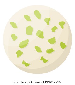 
Round biscuit in white creamy texture with green pistachio nut sprinkling, icon for marzipan cake
