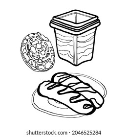 Round biscuits with cracks, a glass and two eclair cakes on a plate. Felt-tip pen drawing. Black and white. Isolate.