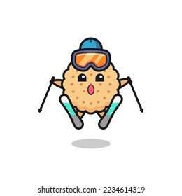round biscuits mascot character as a ski player , cute style design for t shirt, sticker, logo element