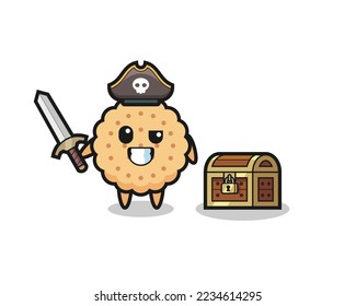 the round biscuits pirate character holding sword beside a treasure box , cute style design for t shirt, sticker, logo element