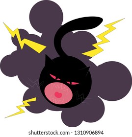 Round black angry cat with open mouth on the background of a thundercloud and lightning