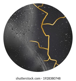Round black background with stone texture and dots with golden crack, kintsugi, stock vector illustration for design and decor, banner