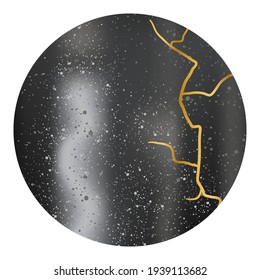 Round black background with stone texture and dots with golden crack, kintsugi, stock vector illustration for design and decor, banner