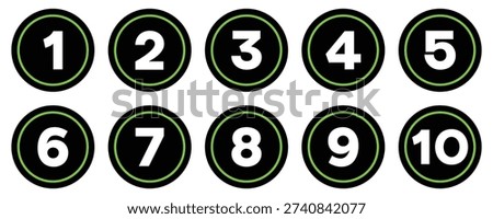 Round black badges with bright green circle accents and white numbering 1-10. Professional set for website menus dashboards and step processes.