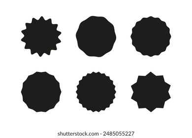 Round black badges. Set of circle sticker. Wavy edge promo symbol. Star burst shape tags for price. Blank sale templates. Simple silhouette icon. Flat vintage label.