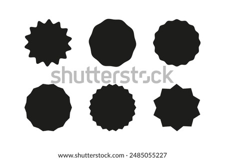 Round black badges. Set of circle sticker. Wavy edge promo symbol. Star burst shape tags for price. Blank sale templates. Simple silhouette icon. Flat vintage label.