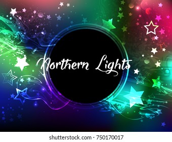 Round black banner against the background of glowing northern lights with stars.
