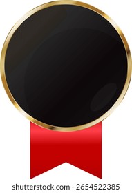 Anuncio negro redondo con marco dorado y una cinta roja. Diseño del escudo de armas de la medalla de premio