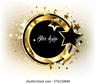 Round, Black Banner With Polygonal Frame, Decorated With Gold And Black Stars On Light Background.