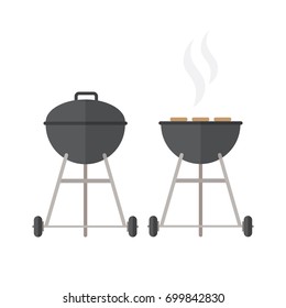 Round black BBQ Grill for picnic on white background. Cookout. Flat style design. 