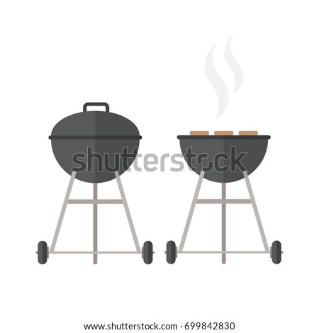 Round black BBQ Grill for picnic on white background. Cookout. Flat style design. 