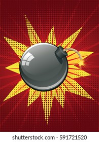 Round black bomb about to explode with burning wick.