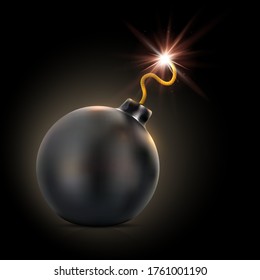 Round Black Bomb With Lit Fuse On Dark Background - Vector Illustration