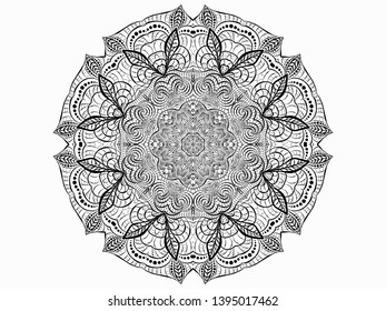 Round black braided lace napkin. Decorative fractal mandala. Plant and wavy natural elements.